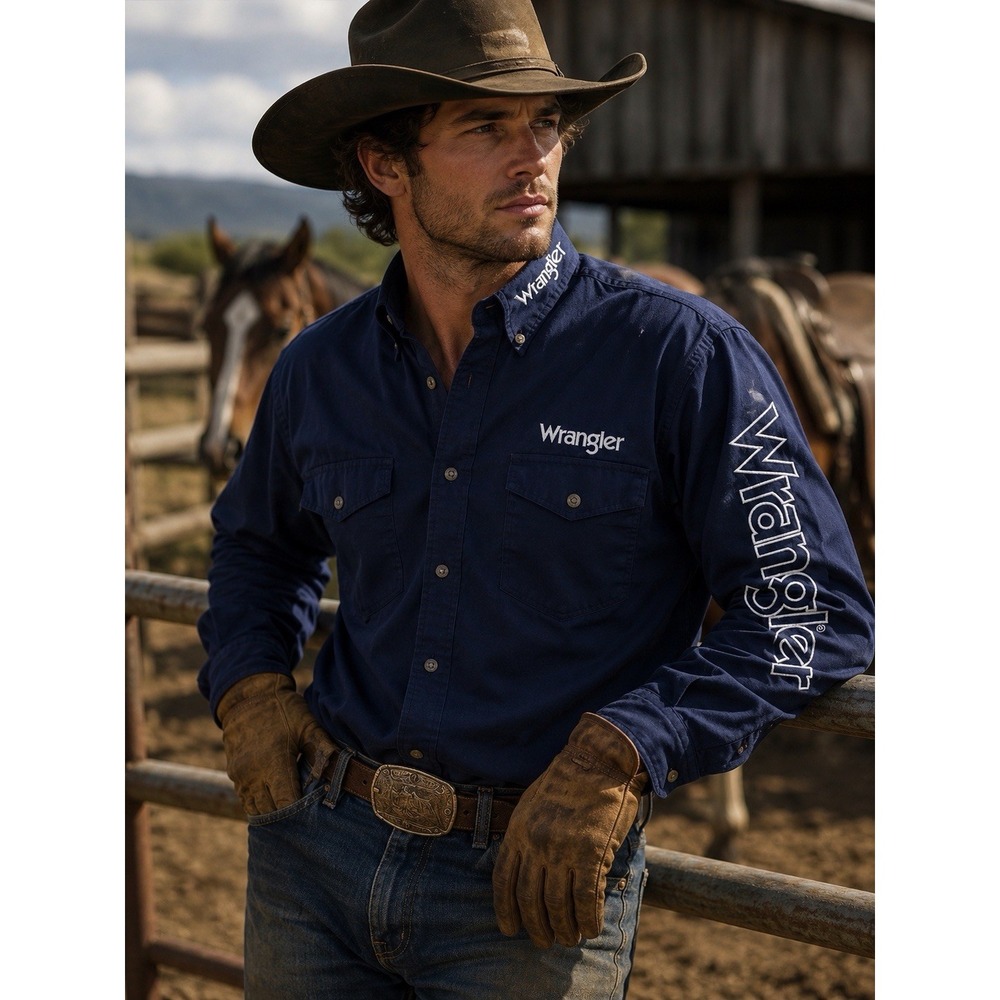 VTG Wrangler Men's L Western Long Sleeve Shirt Cotton‎ Dark Blue Navy Spellout